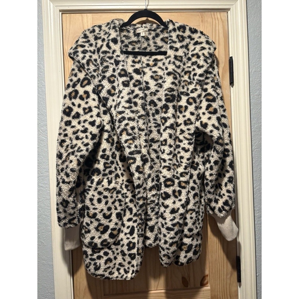 Leopard Sherpa Hooded Cardigan Womens Cozy Lounge Wrap Jacket - Picture 3 of 9